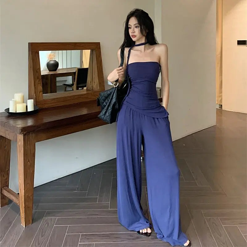 Aiertu  -  Sweet Hot Girl Pure Sexy Suit Women's Summer Irregular Slit Strapless Vest Wide Leg Pants Two-piece Set Fashion Female Clothes Aiertu