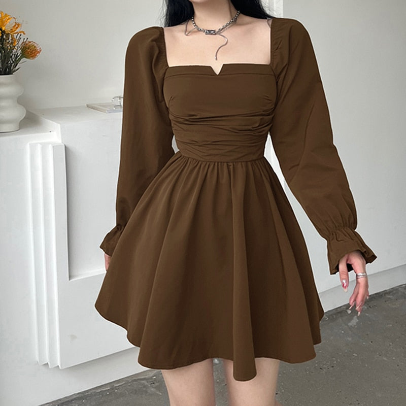 Aiertu Elegant Chiffon Corset Dress Brown Flare Long Sleeve Mini Dresses Vacation Short Party Dress Ruffles Slash Neck Outfit Aiertu