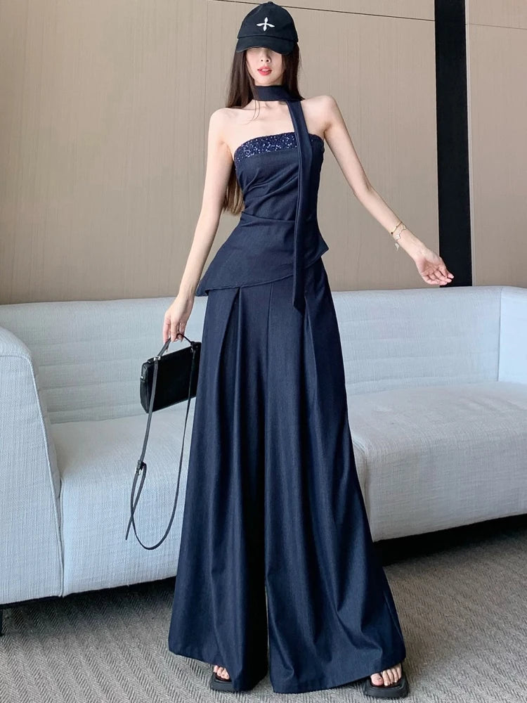 Aiertu  -  Advanced retro Tencel denim suit women's summer fashion sequin strapless top high waist wide leg pants skirt two-piece set Aiertu