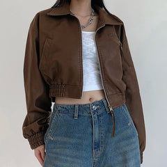 Aiertu  -  Korean Fashion Brown PU Jacket Y2K Vintage Autumn Casual Faux Leather Zipper Coat Harajuku Streetwear Outwear Lady Aiertu