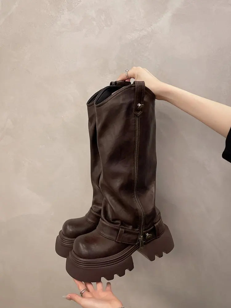 Aiertu    -  Autumn Women's Knee High Boots Western Round Toe Long Boots Women Western Shoes Chunky Heel Platform Women Aiertu