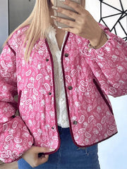 Aiertu  -  Elegant V Neck Print Quilted Short Cotton Jacket Casual Long Sleeves Single Breasted Warm Coat Autumn Winter Lady Thick Outwears Aiertu