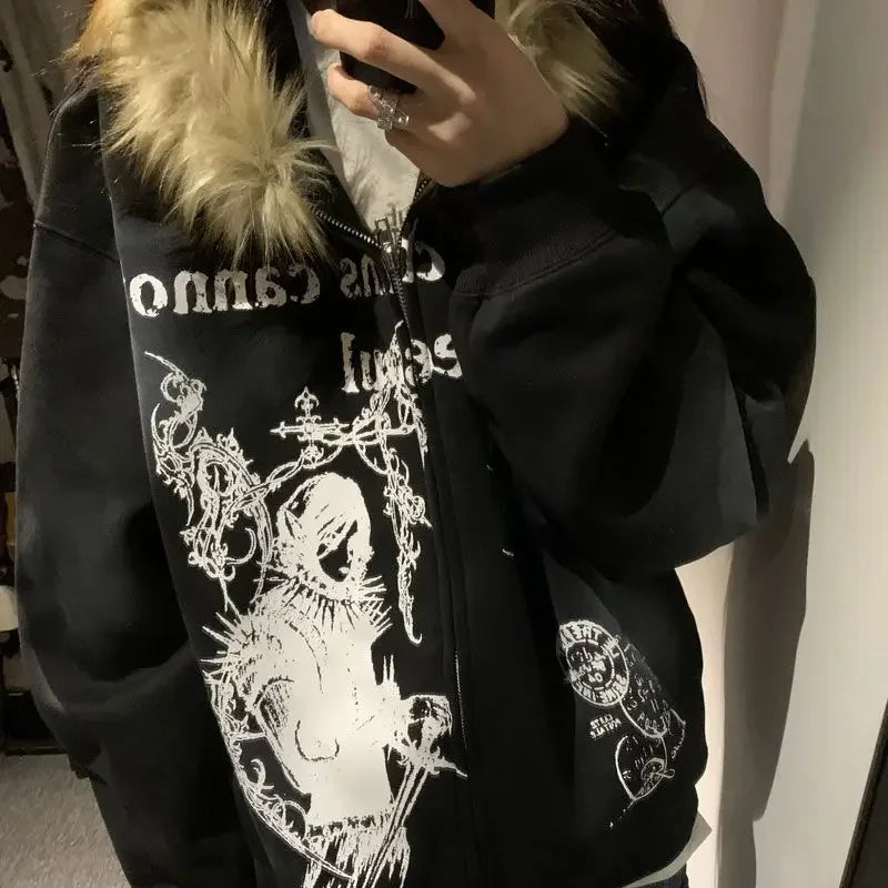 Aiertu  Gothic Harajuku Streetwear Jacket American Retro Printed Oversized Sweatshirt Women Punk Personality Fur Collar Zipper Hoodie Aiertu