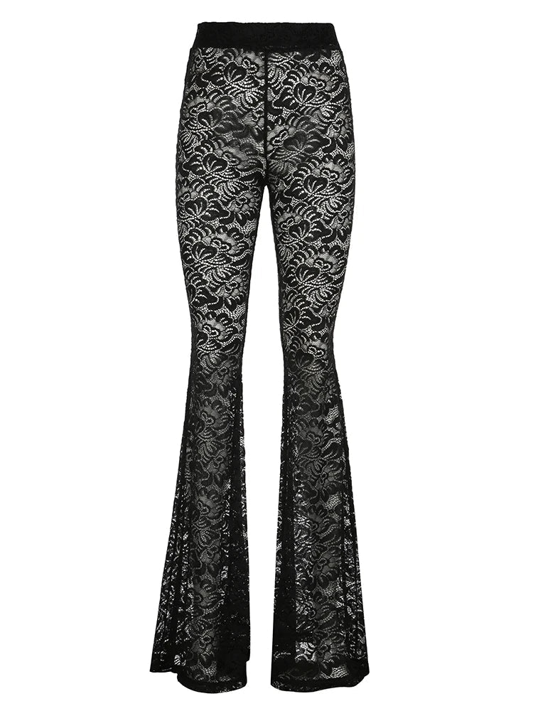 Aiertu  -  Black Hollow Out Lace Leggings Sexy Transparent Skinny Low Rise Flared Trousers for Women y2k Vintage Casual Chic Capris Aiertu