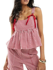 Aiertu  -  Y2k Tank Top Sleeveless Women Red Gingham Bow Tie Down Camisole Ruffle Hem Peplum Tops Summer Streetwear Aiertu