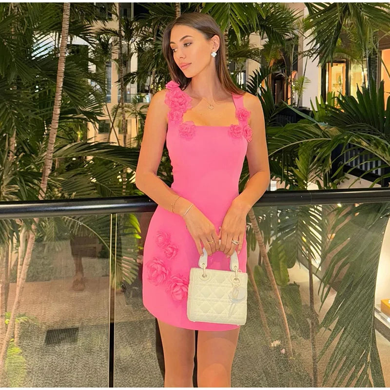 Aiertu  3D Printed Flowers Women's Dress Elegant Square Collar Backless Sleeveless Hip Package Mini Dressess Female 2025 Club Vestidos Aiertu