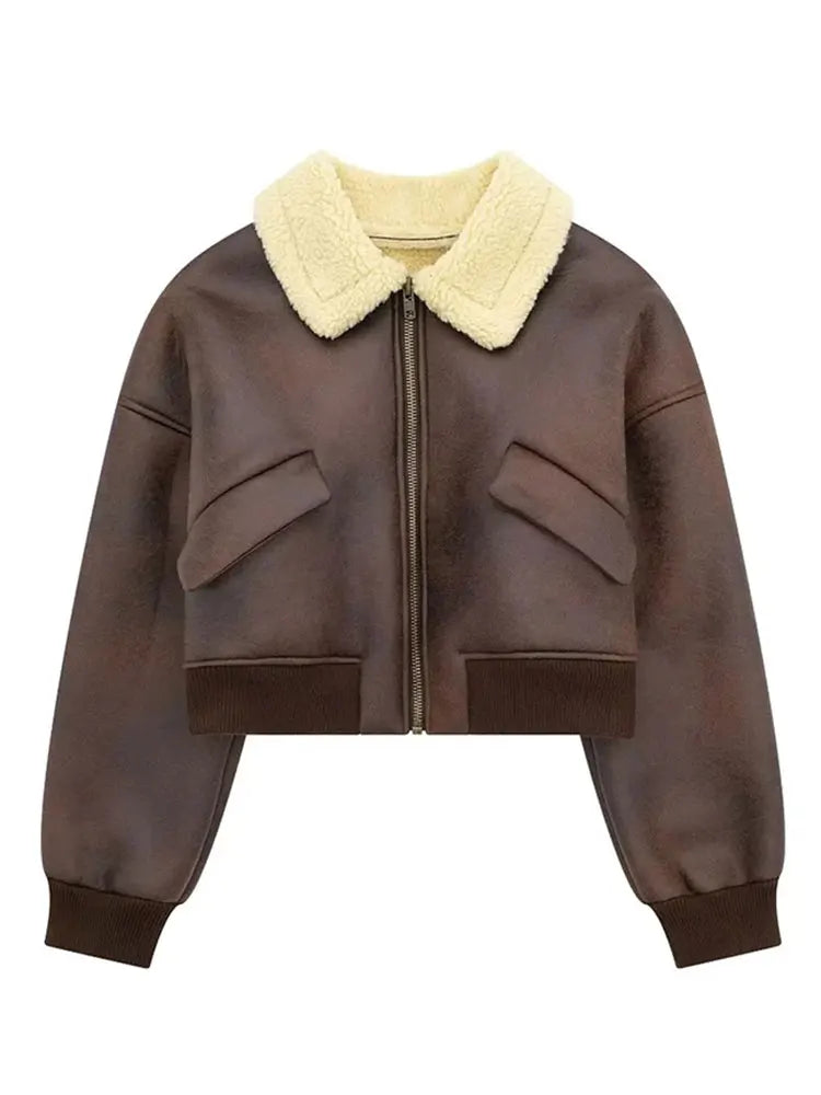 Aiertu  -  Chic Long Sleeve Lapel Double Side Motorcycle Coat Fashion Warm Pocket Zipper Jackets Autumn Winter Woman High Street Coats Aiertu
