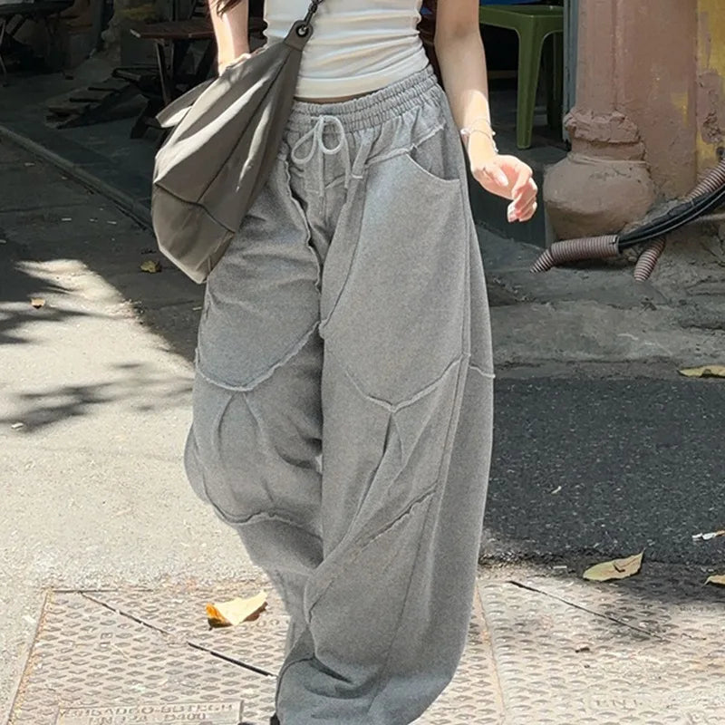 Aiertu  -  2025 New Harajuku Korean Style Gray Loose Wide Leg Trousers Street Joggers Stylish Chic Split Patchwork Women Baggy Pants Aiertu