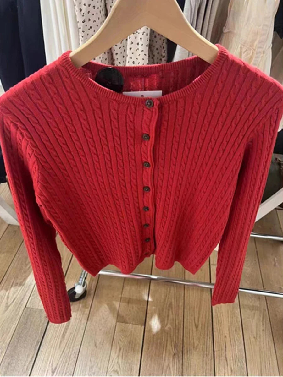 Aiertu  -  Red Twisted Slim Cropped Cardigan Women Chic Crew Neck Long Sleeve Sweater Streetwear Fashion Single Breasted Knit Outerwear New Aiertu