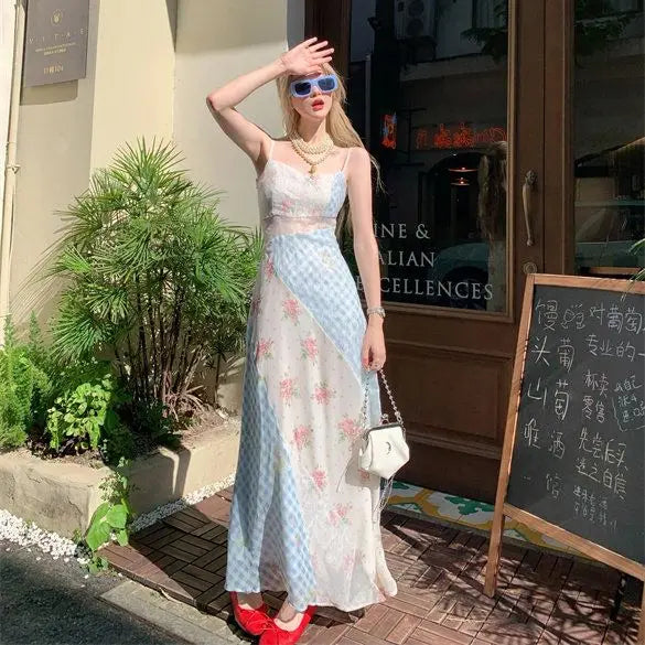 Aiertu  -  Summer Women Long Dress Sleeveless Patchwork Floral Gingham Spaghetti Strap Elegant Slim Maxi Dress Casual Vacation Beachwear Aiertu