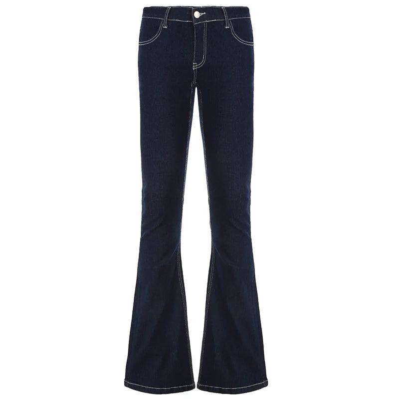 Aiertu  -  Vintage Dark Blue Y2K Flare Jeans Women Low Rise Skinny Denim Trousers Fashion Basic Boot Cut Pants Retro High Street Aiertu