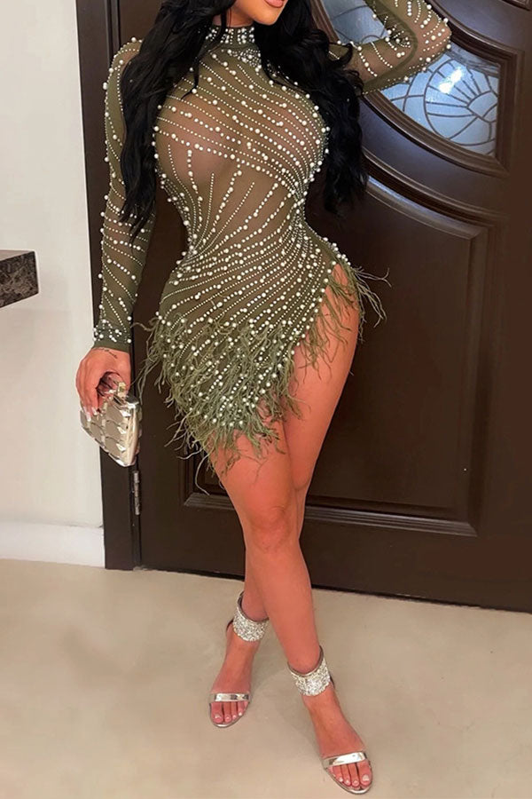 Aiertu  Rhinestone & Beaded Decor Striking Tassel Irregular See-Through Mini Dress Aiertu