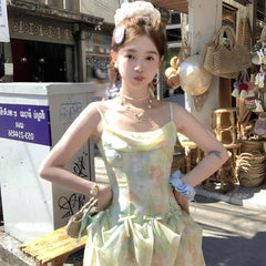 Aiertu  -   French Sweet Style Slim Floral Printd Strap Camisole Dress for Women Spring/Summer New Bow Sexy Waist Slimming A-line Mini Dress Aiertu