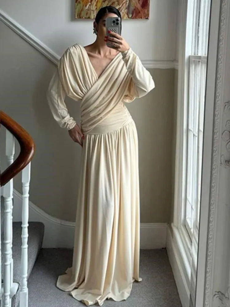 Aiertu  -  New Elegant V-neck Cross Draped Pleated Maxi Dress Women Chic Backless Long Sleeve Party Robes Female Fashion Evening Gowns Aiertu