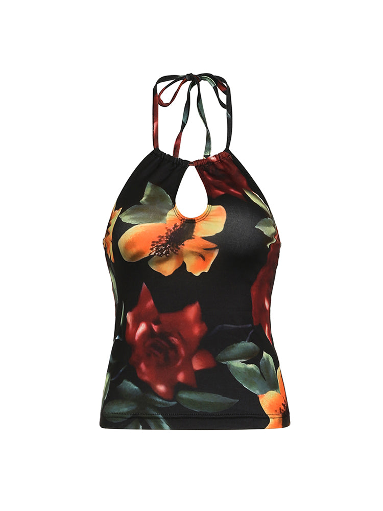 Aiertu - summer inspo Vintage Aesthetic Big Floral Print Slim Backless Tie Halter Top Women Summer Vacation Tank Vest Aiertu