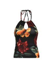 Aiertu - summer inspo Vintage Aesthetic Big Floral Print Slim Backless Tie Halter Top Women Summer Vacation Tank Vest Aiertu