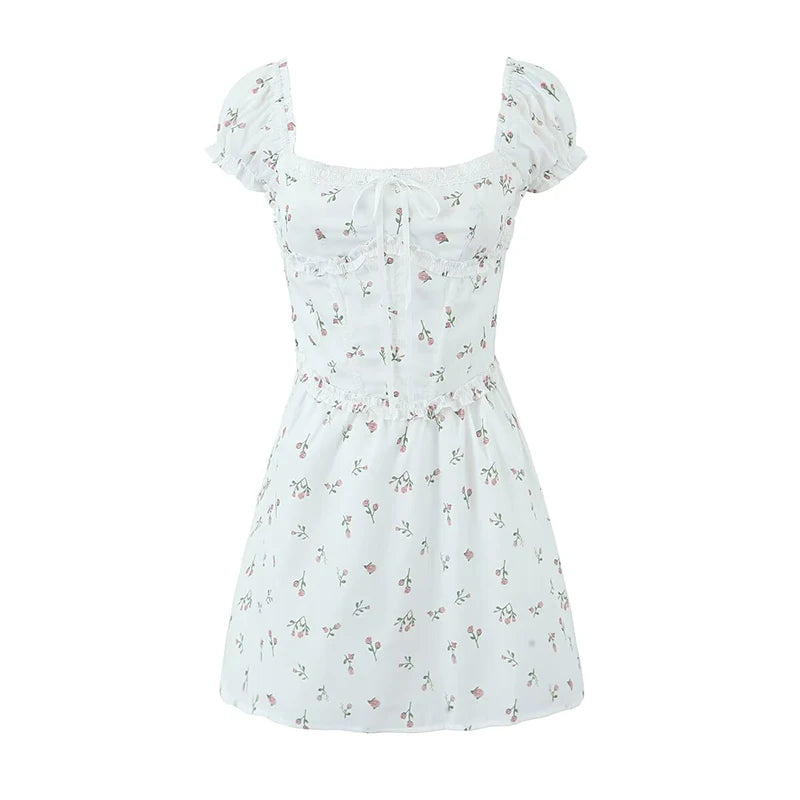 Aiertu  -  Summer Women Elegant Pink Mini Dress Vintage Puff Sleeve Slim Low Waist Birthday Party Dresses Bandage Back Robe Aiertu