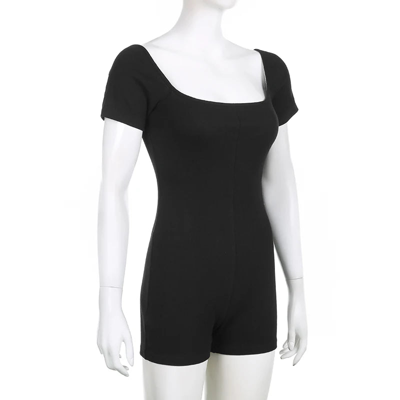 Aiertu  Sporty Activewear Basic Solid Playsuits Sexy Slim Square Collar Short Sleeve Rompers Women Summer Fashion Streetwear Aiertu