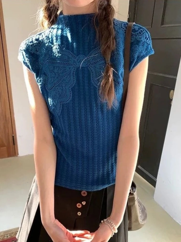 Aiertu  Women Vintage Embroidery Bow Graphic Tees Y2k Aesthetic Casual Bodycon Streetwear T Shirts 2025 Summer Harajuku Grunge Blue Tops Aiertu