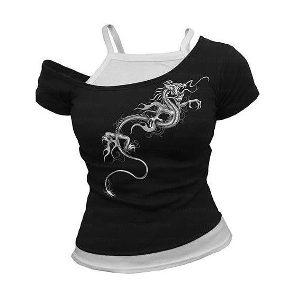 Aiertu  -  Y2k Slim Fit Print Tops Women Off Shoulder Short Sleeve Tee Shirt Neploe American Vintage Fake Two Piece Halter Lace Up T-shirts Aiertu