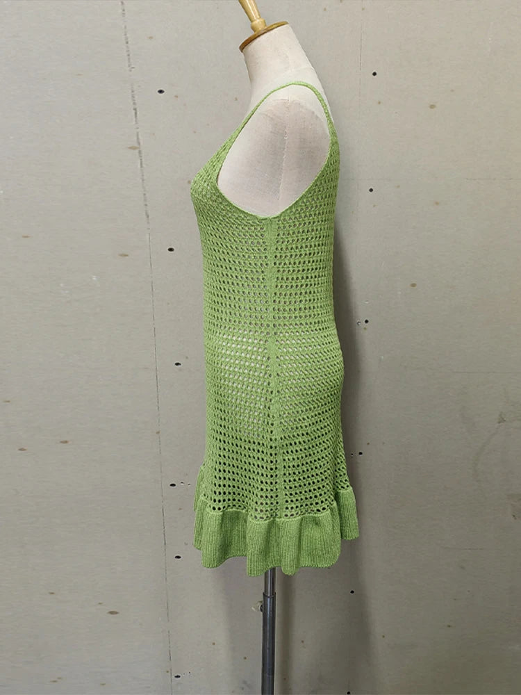 Aiertu  -  Casual Knit Hollow Out Dress Women V-neck Sling Sleeveless Backless Ruffle Hem Mini Dresses Female 2025 Spring Summer Lady Gown Aiertu