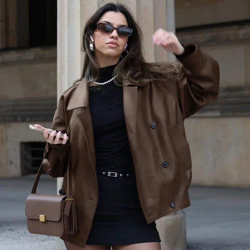 Aiertu  -  Retro Suit Collar Loose Leather Jackets Women's 2026 Autumn Winter Fashion Solid Double Breasted Female High Street Coat Aiertu