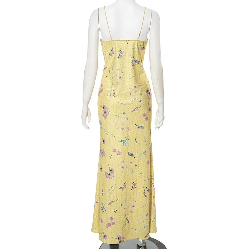 Aiertu  -  Low Cut Spaghetti Strap Sleeveless Floral Print Backless Slim Fit Maxi Dress Summer Trendsetter Streetwear Vestidos Aiertu