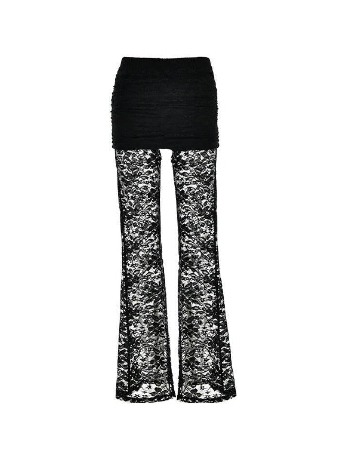 Aiertu  Perspective Lace Splice High Rise Flare Leg Pants Aiertu