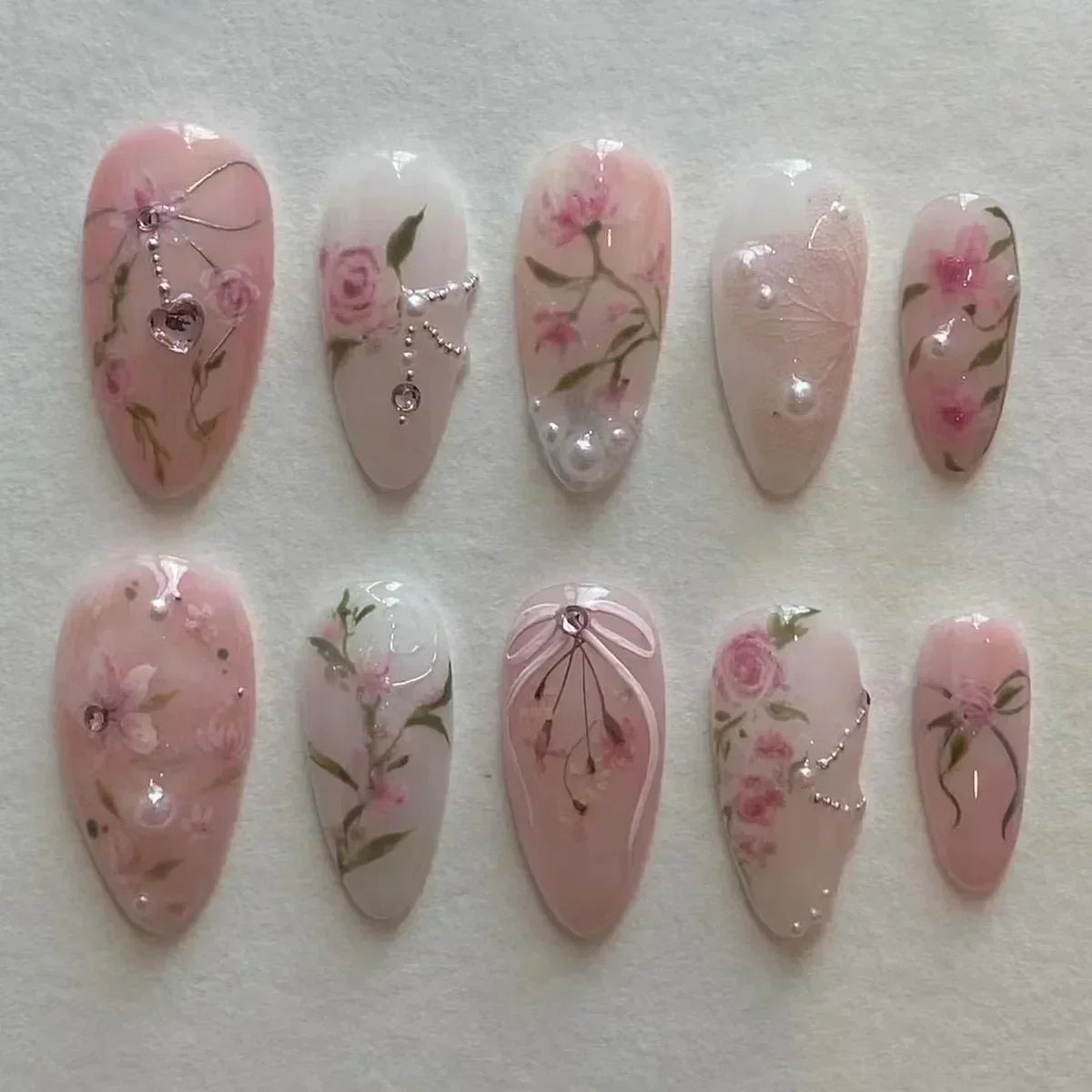 Aiertu 24Pcs Pink Almond French Press on Nails With 3D Bow ripple charms Design Fake Nails Ballerina False Nails Full Cover Nail Tips Aiertu