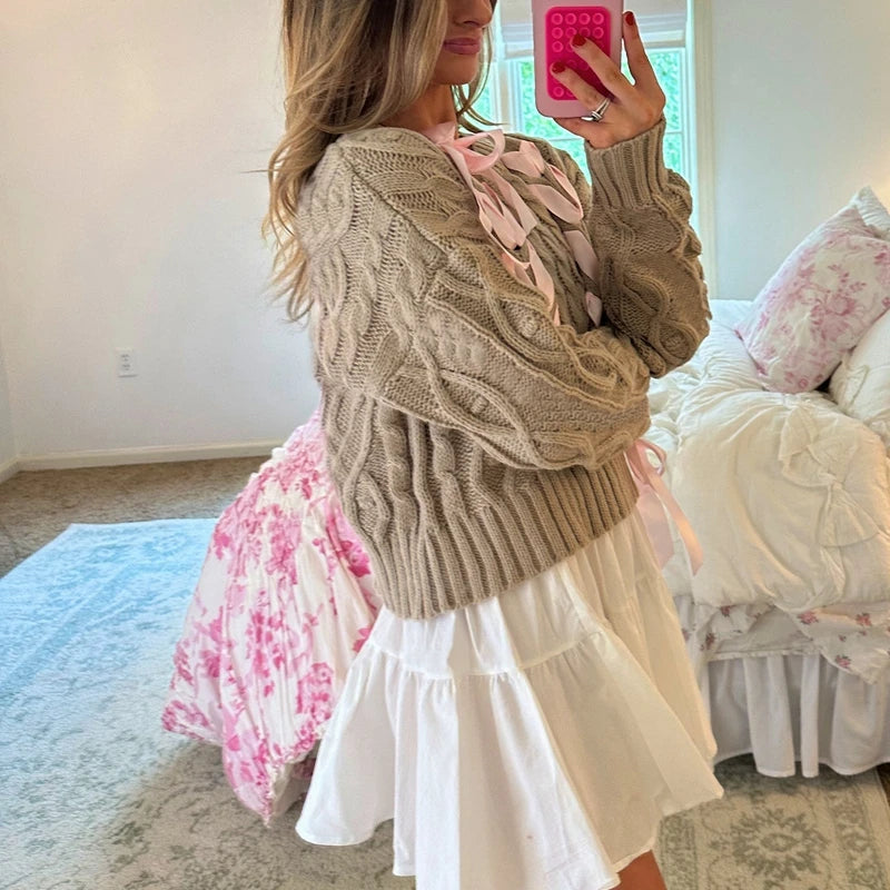 Aiertu  -  Sweet Ribbon Criss-Cross Tie Up Sweater Girly Coquette Cable Knitted Pullovers Women Autumn Vintage Y2k Knitwear Jumpers Tops Aiertu
