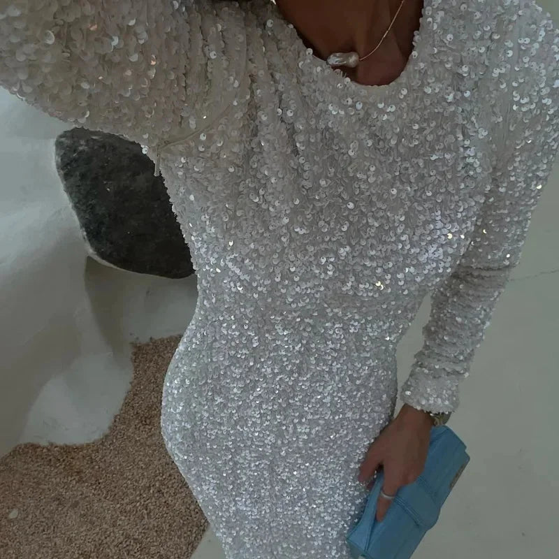 Aiertu  -  Elegant Detachable Full Sleeve Sequined Dress Women Slim O-neck Solid Long Party Dresses Autumn Lady Chic Shining Evening Robes Aiertu