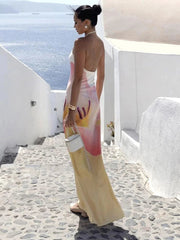 Aiertu  -  Fashion Printed Backless Maxi Dress Female Summer 2025 Slim Sleeveless Contrast Loose Halter Dress Women's Y2k Long Dress Aiertu