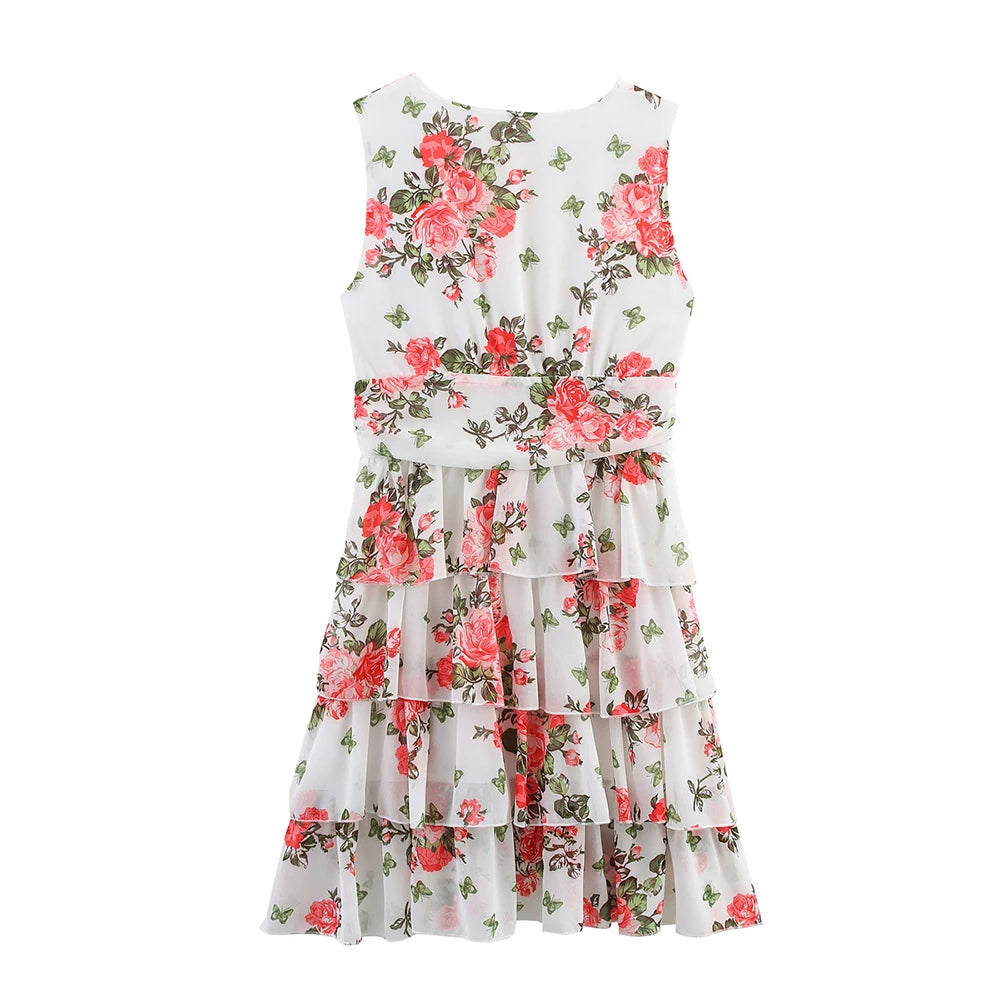 Aiertu  -  Pink White Deep Blue Three Color V Neck Sleeveless Floral Print Stacked Skirt Edge Design Women Short Dress ZATT 2025 Summer New Aiertu