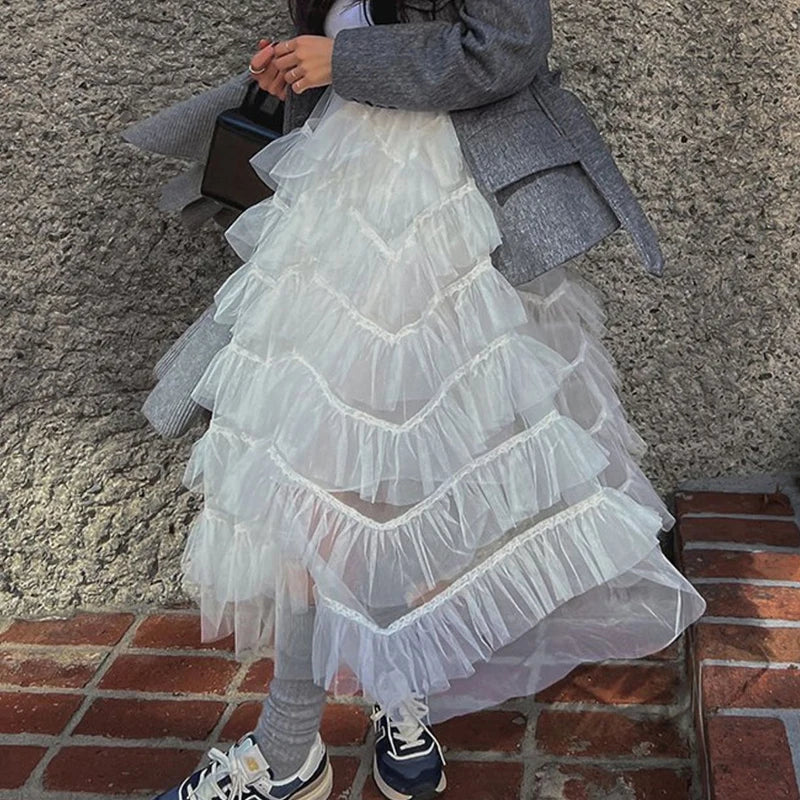 Aiertu  -  Perspective Splicing Lotus Leaf Edge Faldas Mujer Moda Korean Fashion Clothing Midi Skirt Jupe Long Pleated Mesh Skirts Vintage Aiertu
