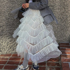 Aiertu  -  Perspective Splicing Lotus Leaf Edge Faldas Mujer Moda Korean Fashion Clothing Midi Skirt Jupe Long Pleated Mesh Skirts Vintage Aiertu
