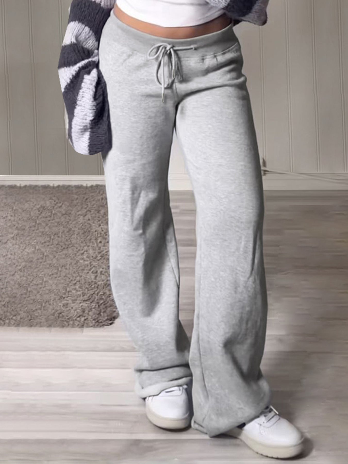 Aiertu - summer inspo Pockets Drawstring High Waist Casual Loose Sweatpants For Women Gray Solid Basic Simple Straight Leg Pants Jogging Trousers Aiertu