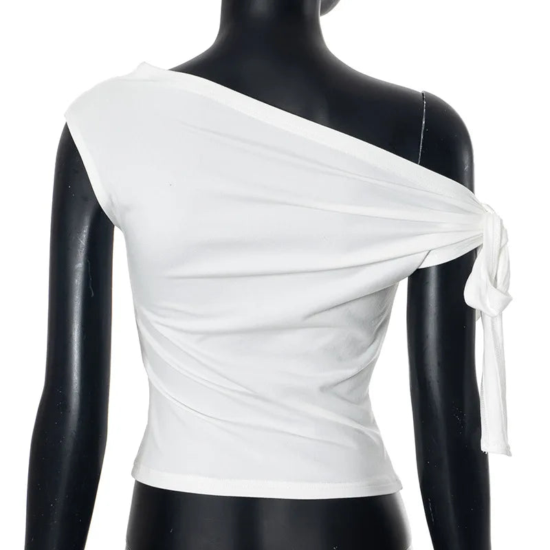 Aiertu  -  2000S New Fashion Folds Bow Solid Color Short Sleeve Sheath T-shirt 2025 Spring Women's Casual Style Slim Fit Lace-up Tees Top Aiertu