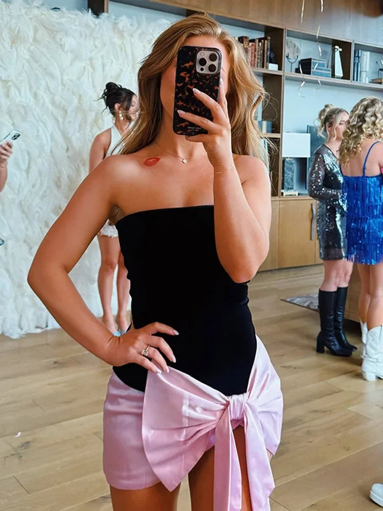Aiertu  -  Elegant Pink 3d Bow Spliced Velvet Mini Dress Sexy Off Shoulder Backless Sleeveless Slim Pleated Robe Fashion Female Party Gowns Aiertu