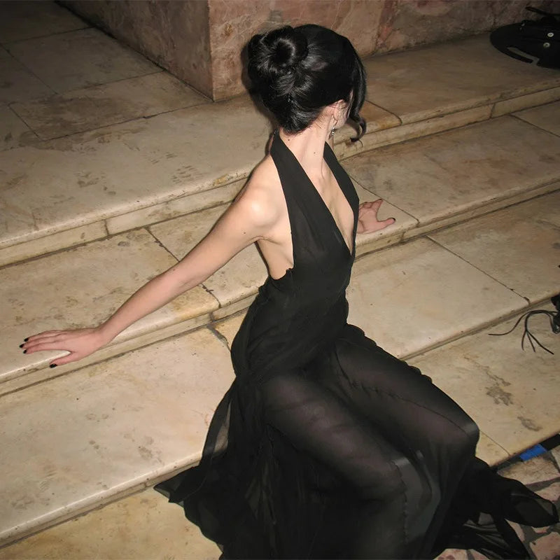 Aiertu  -  Hater Neck Backless Long Dresses See Through Mesh Black Club Dress Women Sexy Summer Clothes 2025 P15-DC35 Aiertu