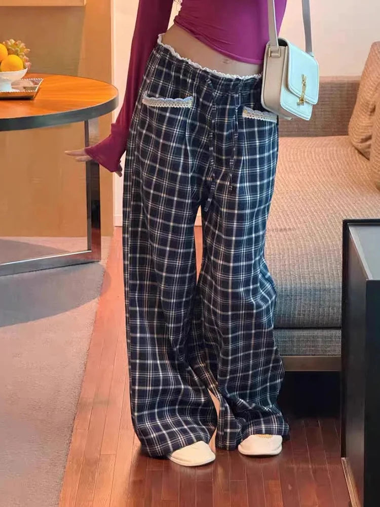 Aiertu  Lace Patchwork Plaid Pants Women Loose Vintage High Waist Trousers Casual Korean Design Female Sweet Wide Leg Pants Spring Aiertu