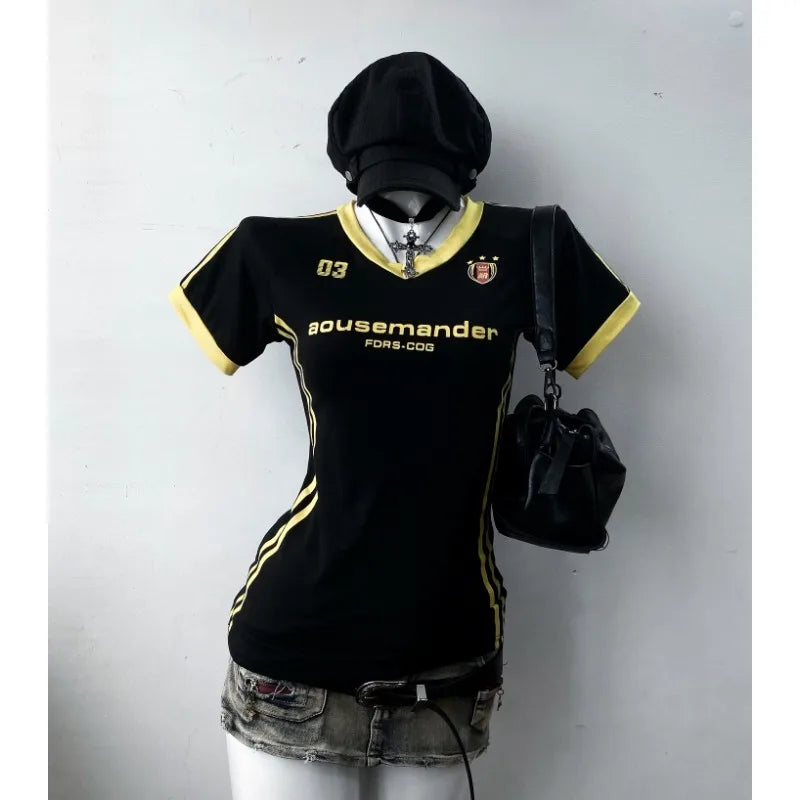 Aiertu  -  Simple Harajuku striped letter printed lapel Korean style slim T-shirts women fashion aesthetic summer sexy casual versatile top Aiertu