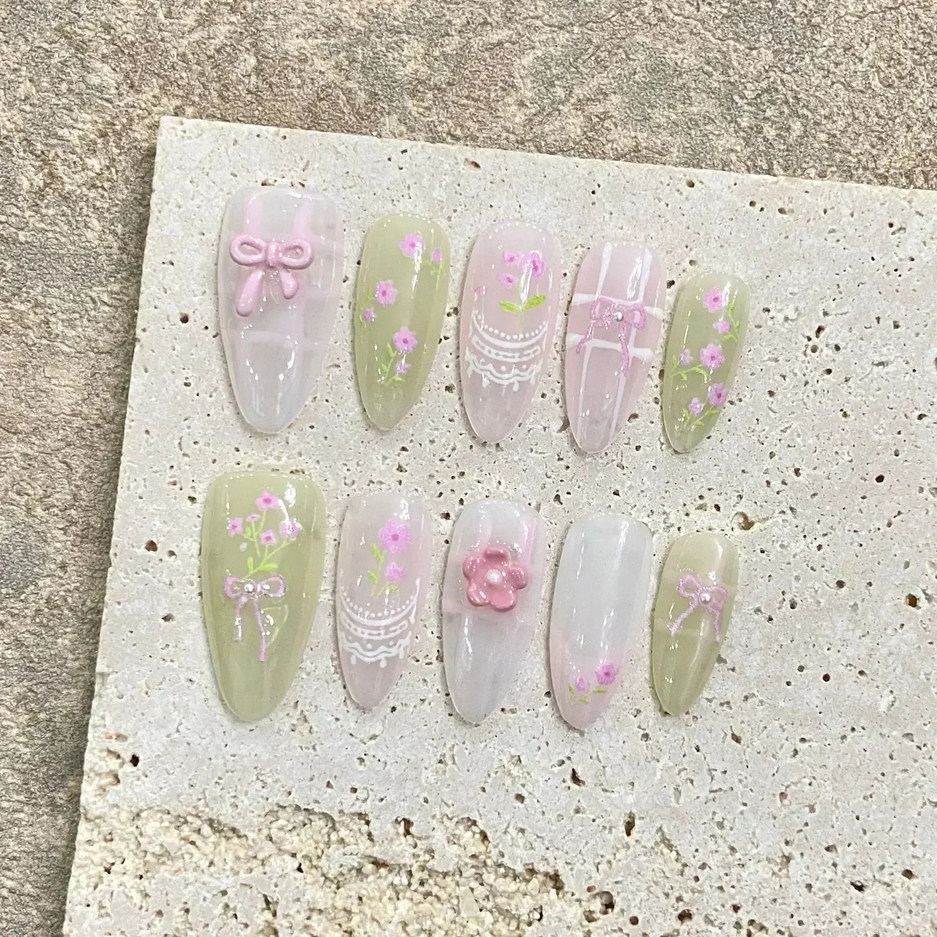 Aiertu 10Pcs Pink Handmade Press on Nails Full Cover Bow Tie Rhinestone Design French Almond Fake Nails Wearable Manicure Nail Tips Art Aiertu