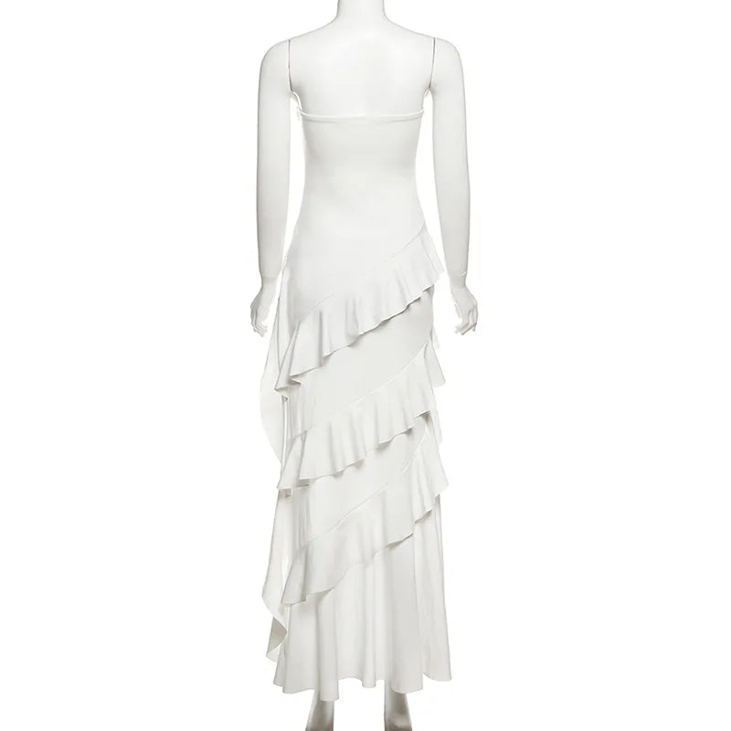 Aiertu  -  Strapless Ruffled Split Long Dresses Elegant Sexy White Asymmetrical Frilly Dresses for Woman Summer Clothes P94-DD49 Aiertu