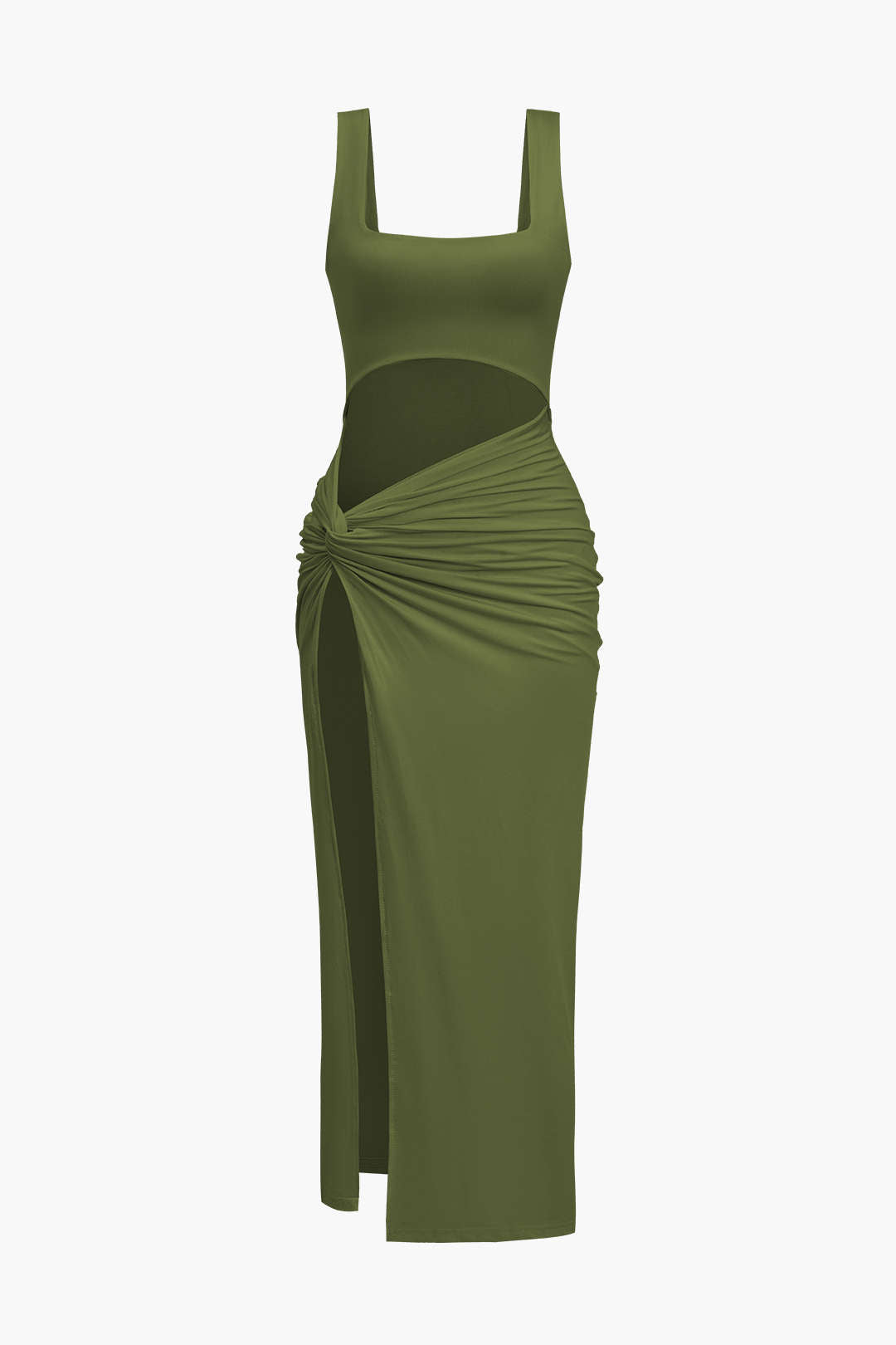 Aiertu  Solid Twist Front Cut Out Slit Midi Dress Aiertu