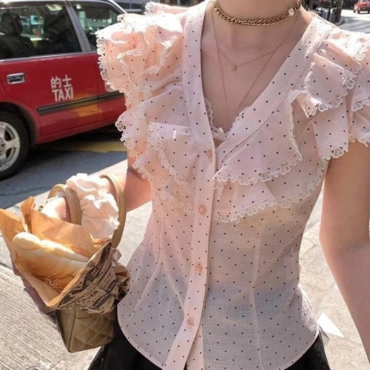 Aiertu  -  Y2k Aesthetic Sweet Polka Dot Women Blouse Vintage Single Breasted Blusas Lace Patchwork Fairy Summer Feifei Sleeves Grunge Tops Aiertu