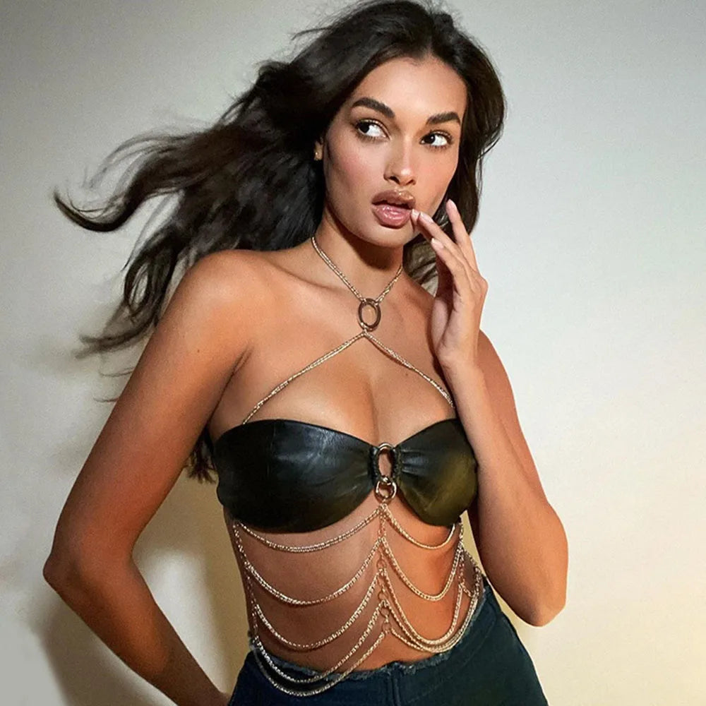 Aiertu  -  PU Splice Crop Tops Women Metal Chain Backless Halter Y2k Top Beach Club Hollow Out Sexy Sleeveless Summer Woman Vest Aiertu