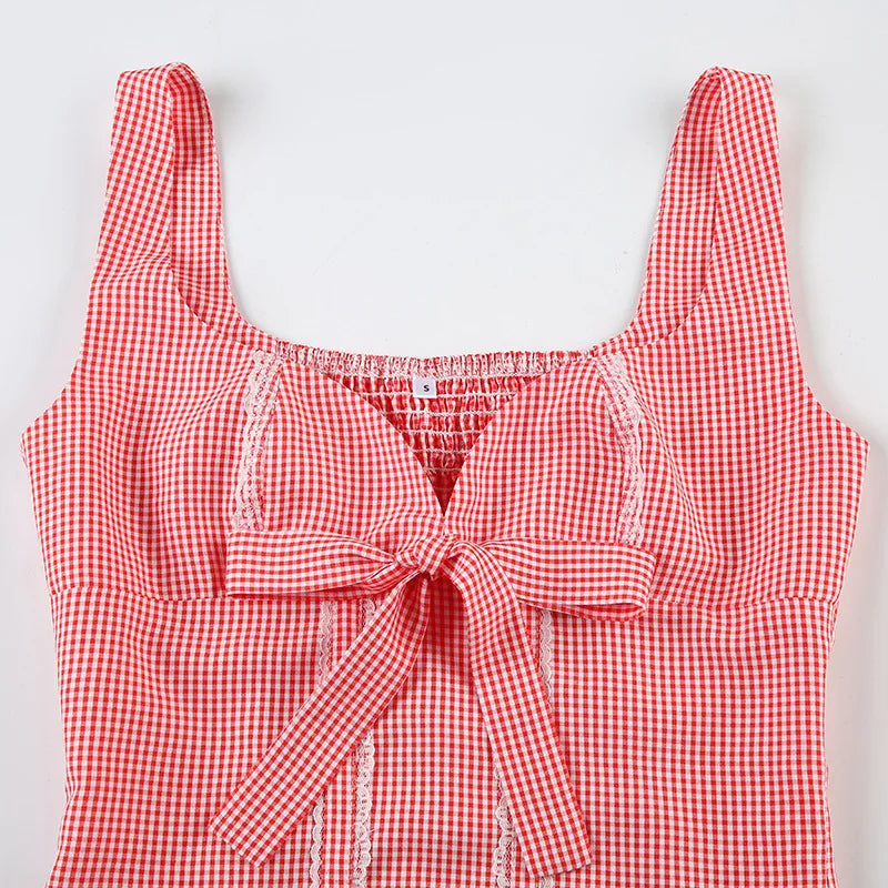 Aiertu  -  Girl Sweet Bow Splicing Plaid Contrast Color Lace Splicing Low Neck Sleeveless Small Vest New Aiertu