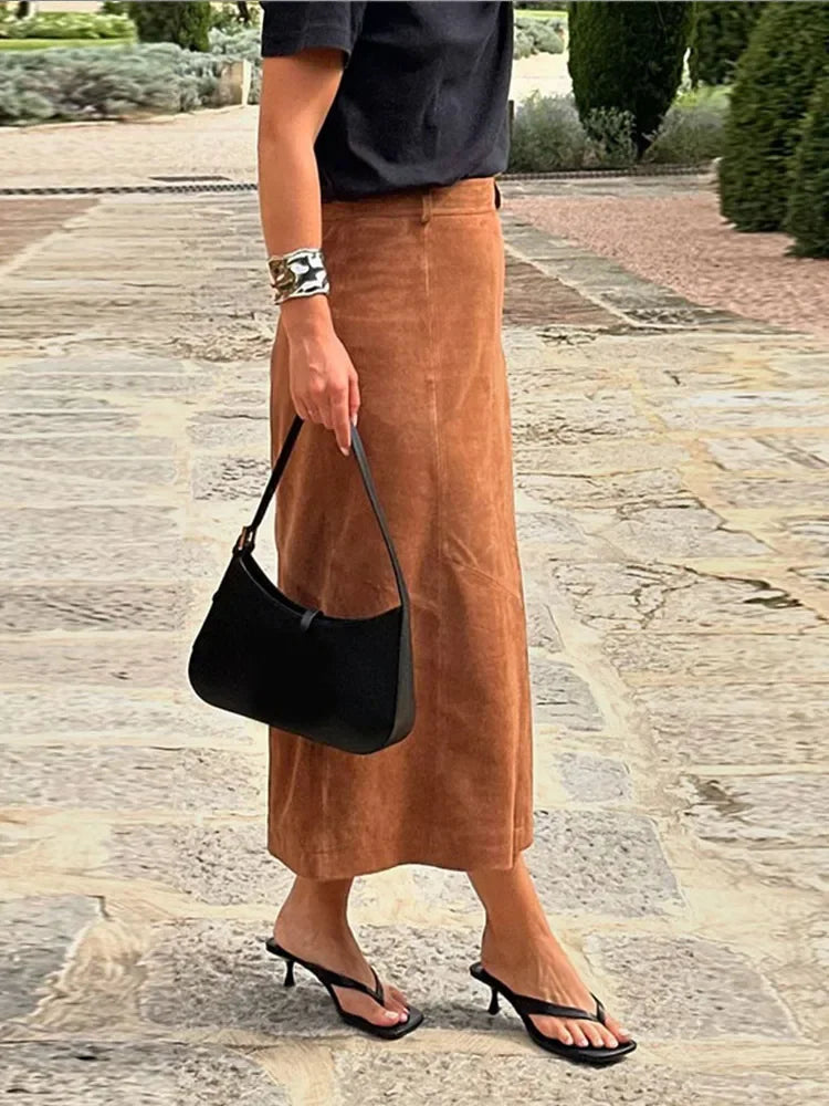 Aiertu  -  Women Elegant Suede Leather Midi Skirt Fashion High Waist Loose A-line Long Skirts 2026 Female High Street Commuting Casual Wear Aiertu