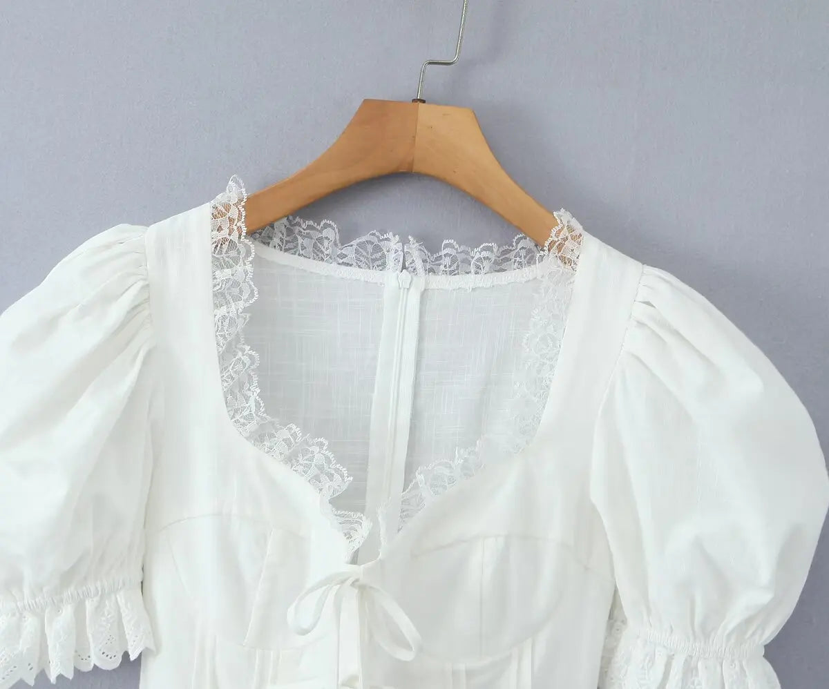 Aiertu  -  Sweet Beige Splice Lace Square Collar Bow Front Short Puff Sleeve Dress Women Lace Hem Low Waist Dresses Mini Cake Robe Aiertu