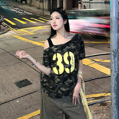 Aiertu  -  street slanted shoulder t-shirt women's summer new camouflage short-sleeved y2k loose and thin off-the-shoulder machine top Aiertu